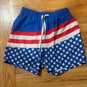 Chubbies Blue and Red Star Flag swim trunks. Liner cut out. Medium